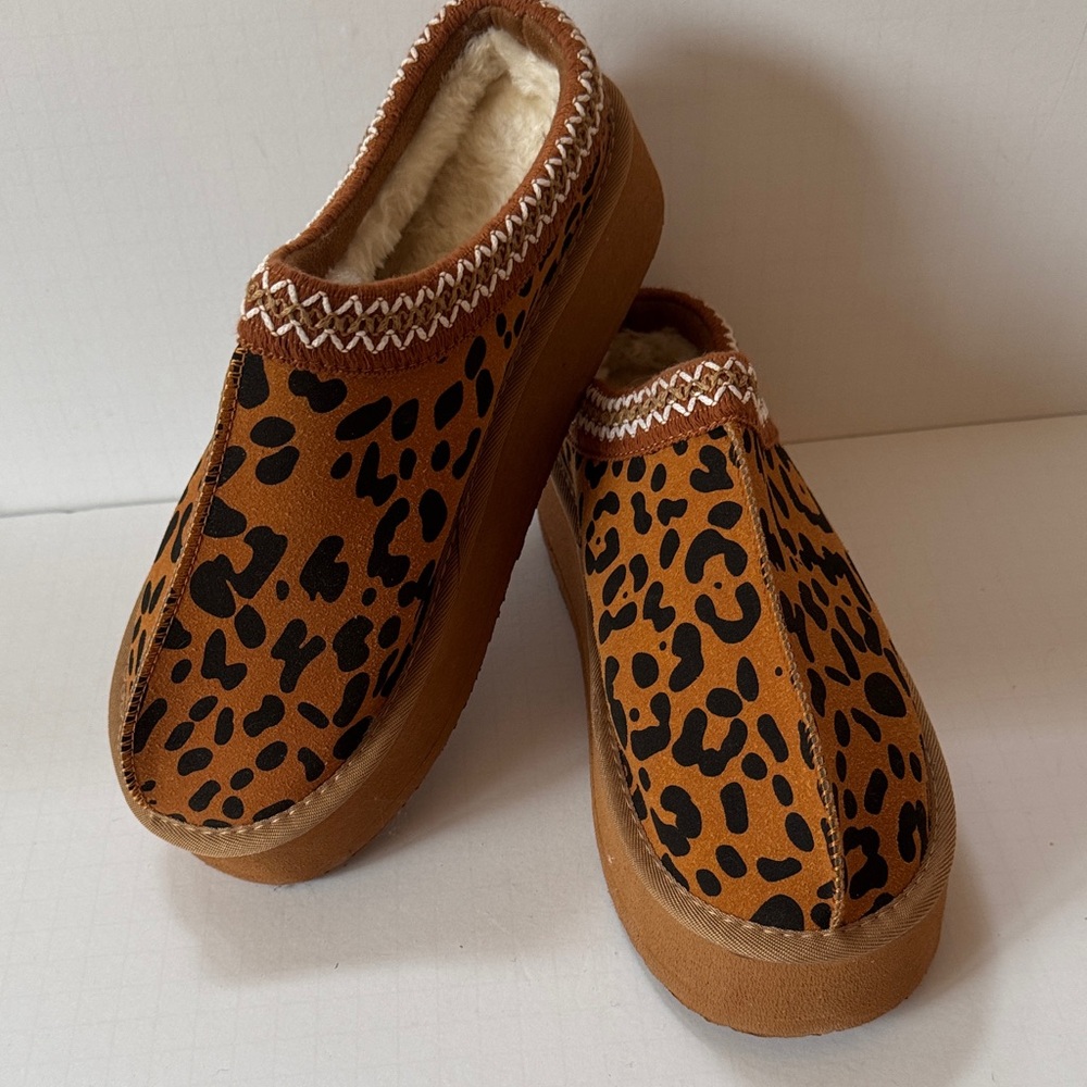 Leopard Platform Slides Faux Fur Lining
